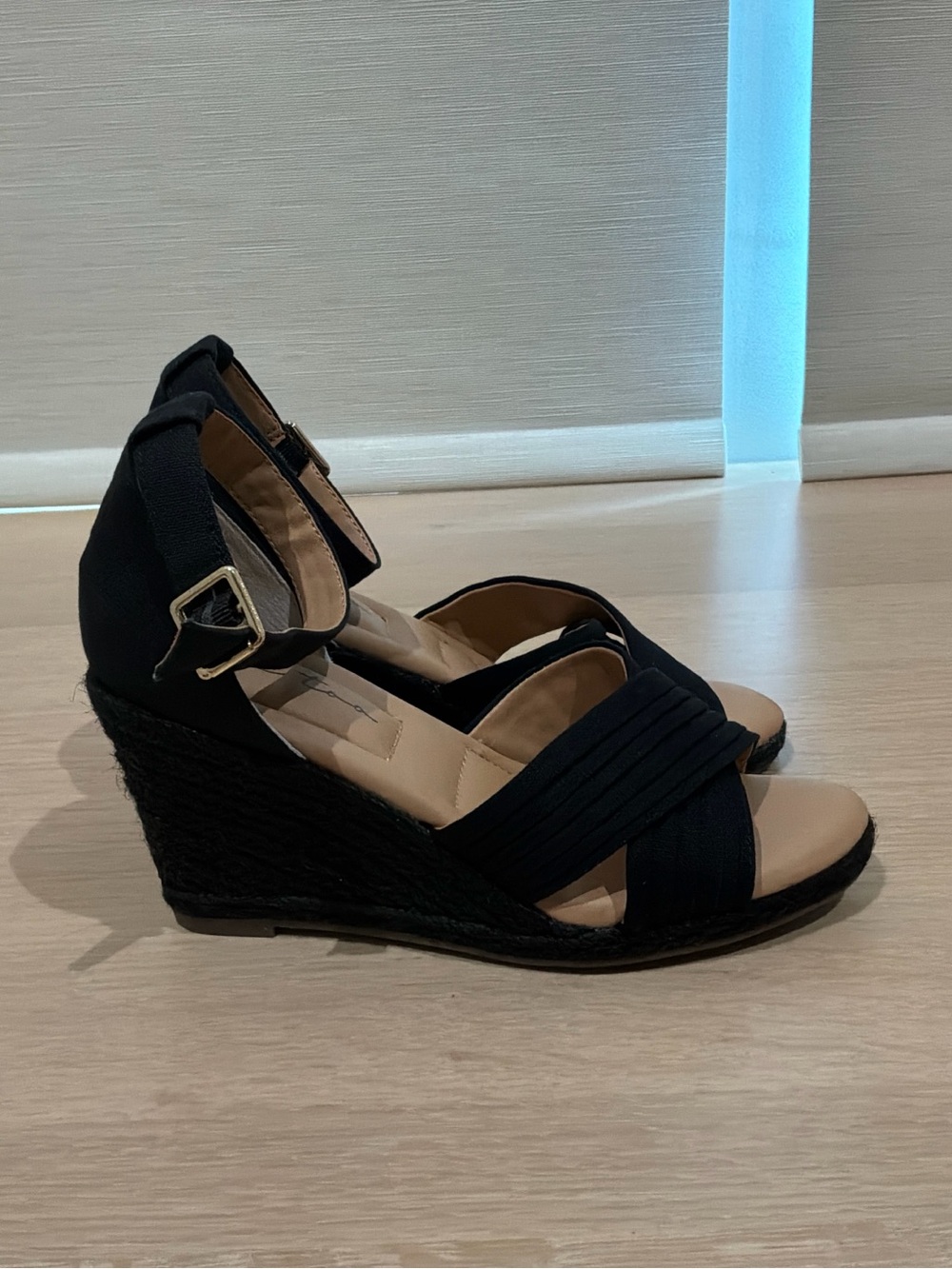me too Black Crisscross Ankle Strap Wedge Sandals